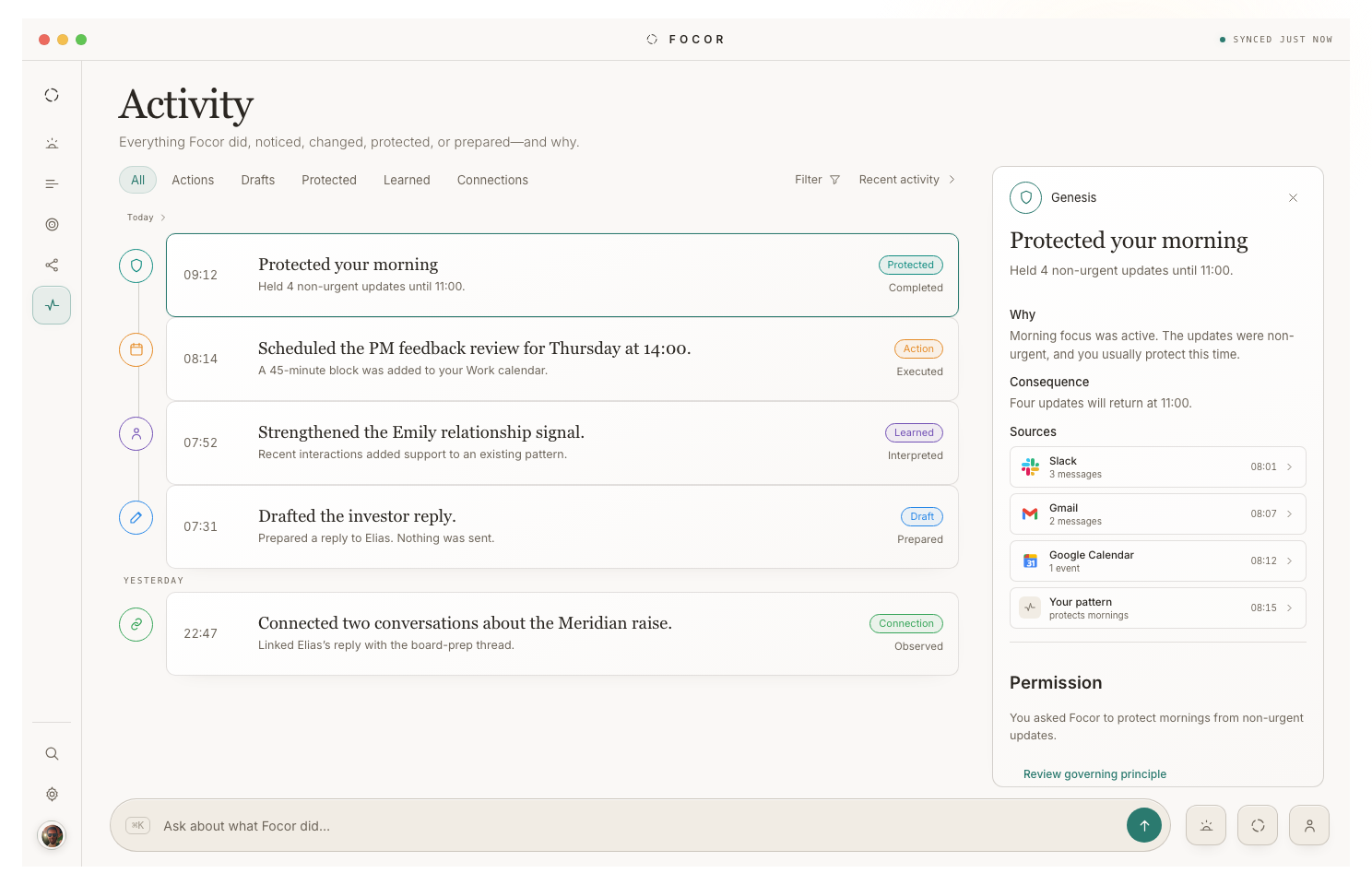 The Focor Activity record: a chronological timeline of protected, handled, and learned events, each carrying its Genesis