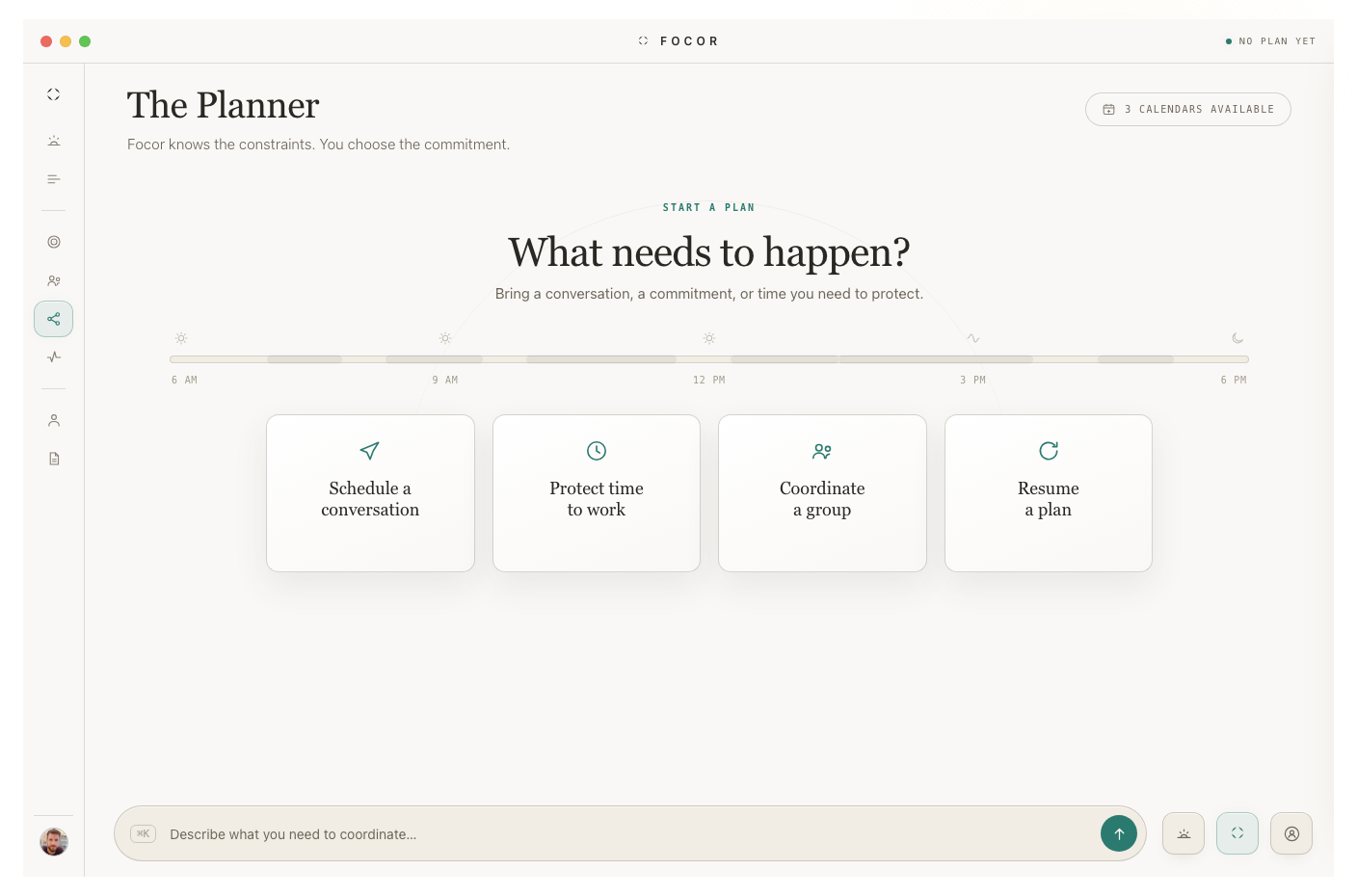 The Focor Planner: a protected focus block with its objective, a conflict explained, and one alternative